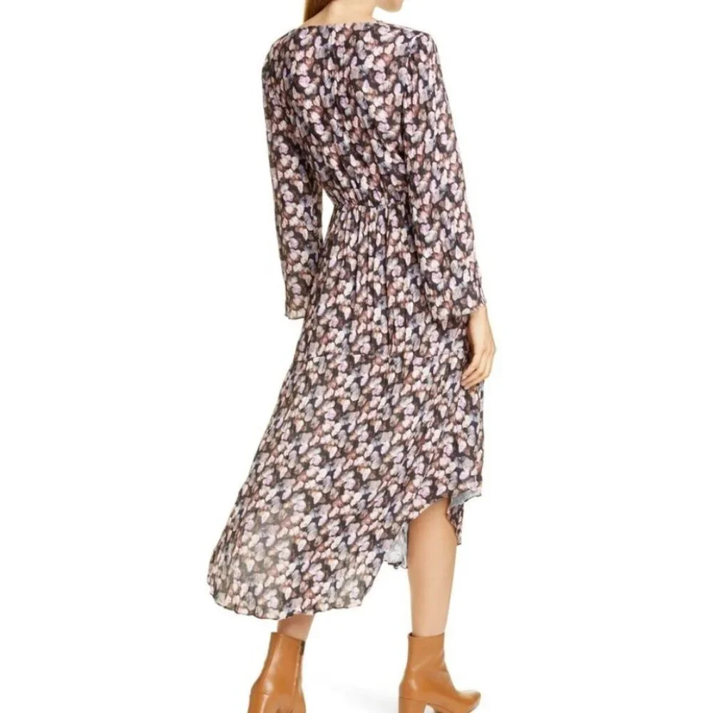 Vince Esme V-Neck Long Sleeve Micro Painted Floral Twist Drape Midi Dress Sz 14 - Picture 7 of 12